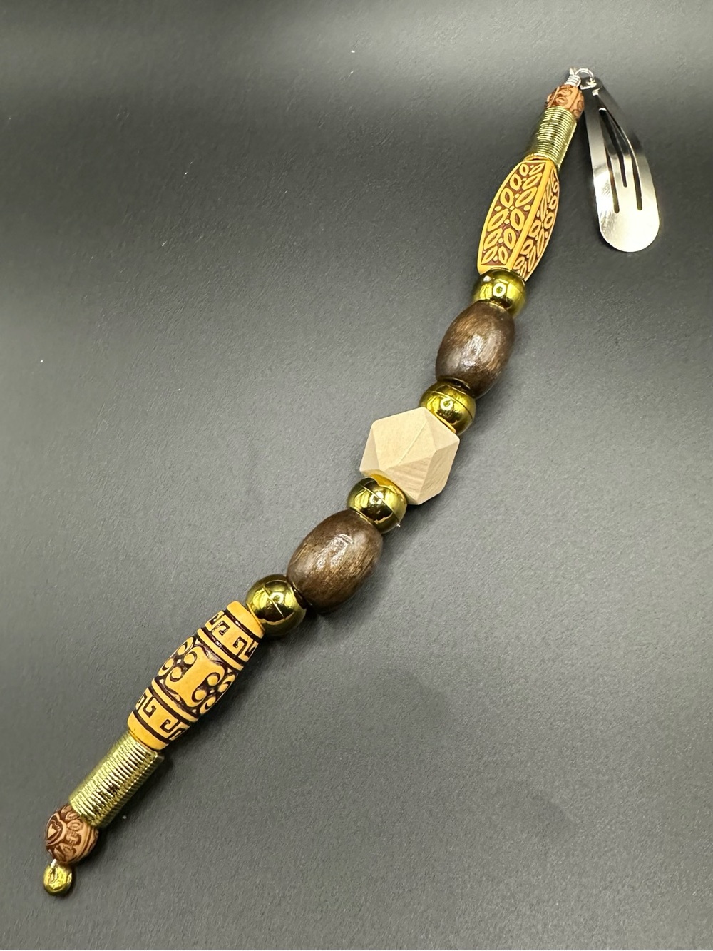Long Beaded Wooden Hair Stick Clip - Yellow, Brown, Gold